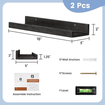 Picture Ledge Shelf for Wall, 16 inch Solid Pine Wood Nursery Book Shelves 2 Packs, Floating Ledge