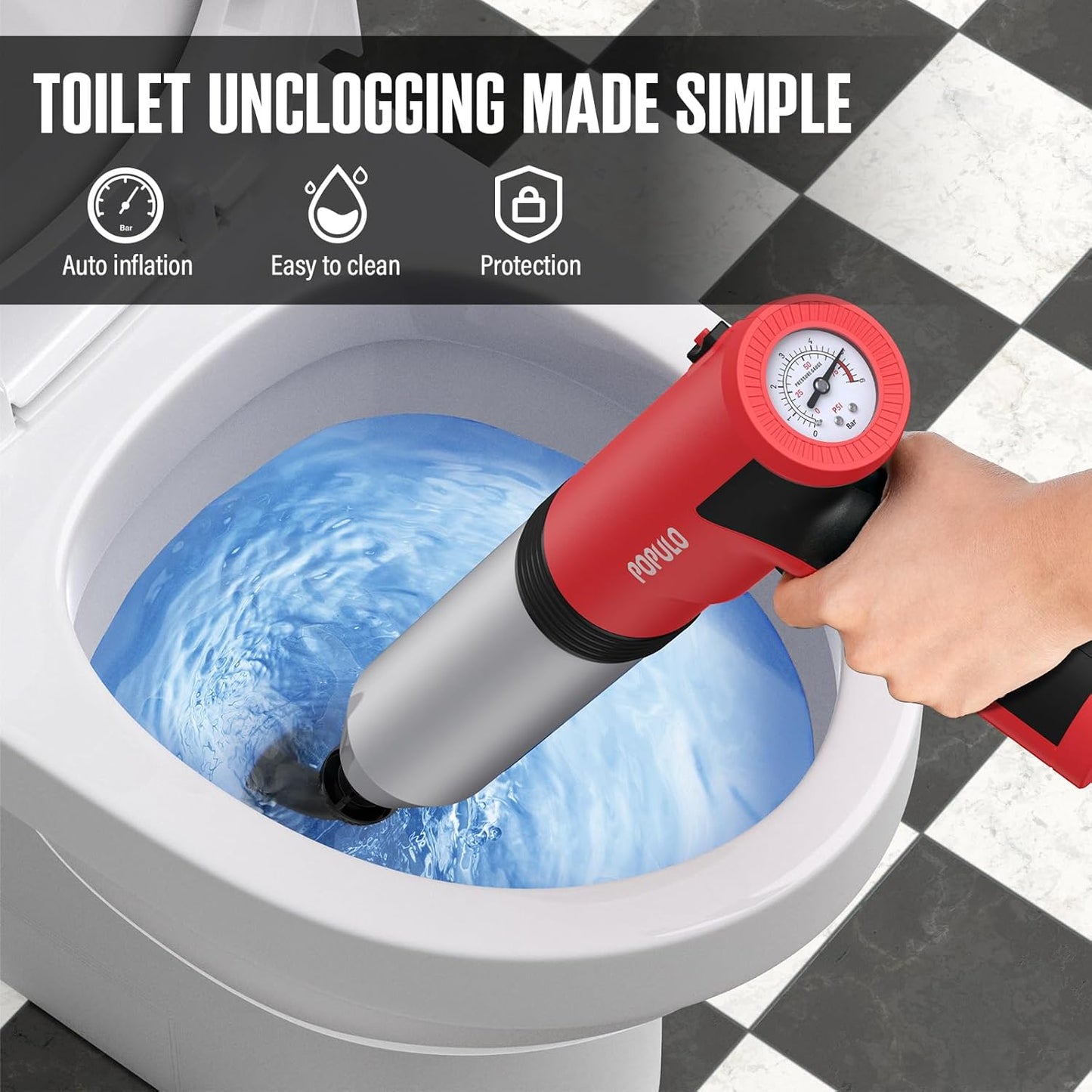 POPULO Electric Toilet Plunger Swift High Pressure Drain Unclogger Plungers for Bathroom, Floors