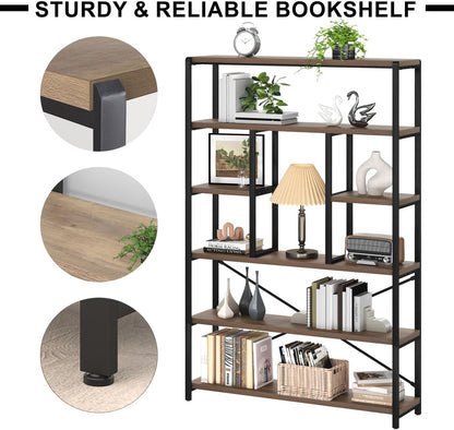 LVB Tall Industrial Etagere Bookcase, Modern Wood Large Open 6 Tier Bookshelf, Vintage Wide Metal