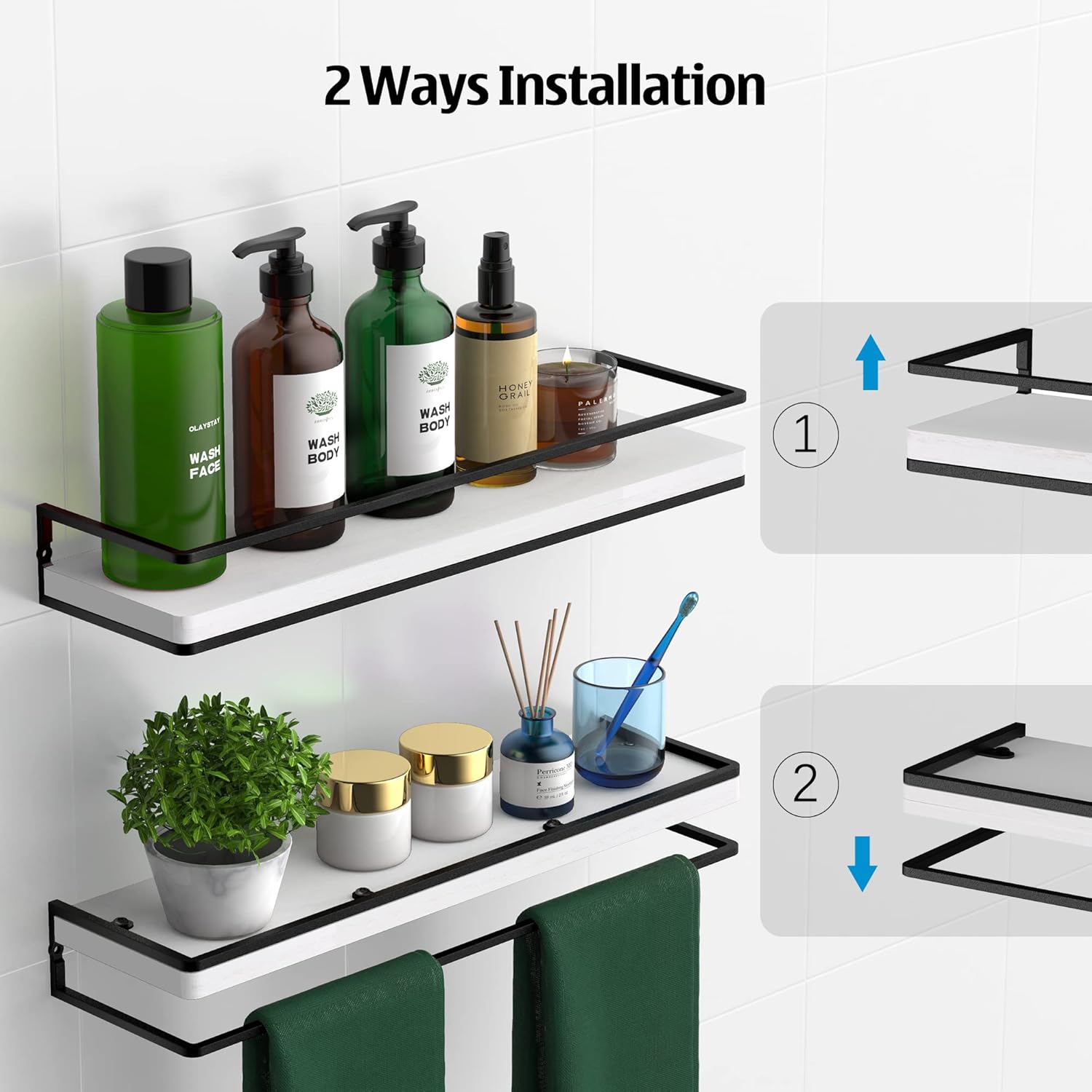Meangood Floating Shelves Wall Mounted Set of 2, Rustic Wood Wall Storage Shelves for