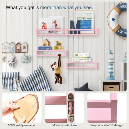 Forbena Pink Floating Shelves for Wall, Aesthetic Wall Bookshelf for Girls Room Decor, Wood Nursery