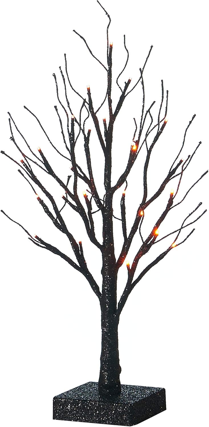 Hairui Lighted Tabletop Black Glittered Spooky Tree with Orange Lights 24 LED 18 Inches for