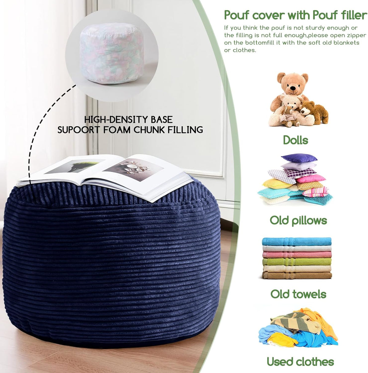 HIGOGOGO Round Stuffed Pouf Ottoman, Corduroy Poufs with Foam Chunk Filling, Furry and Fluffy Pouf