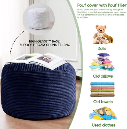 HIGOGOGO Round Stuffed Pouf Ottoman, Corduroy Poufs with Foam Chunk Filling, Furry and Fluffy Pouf