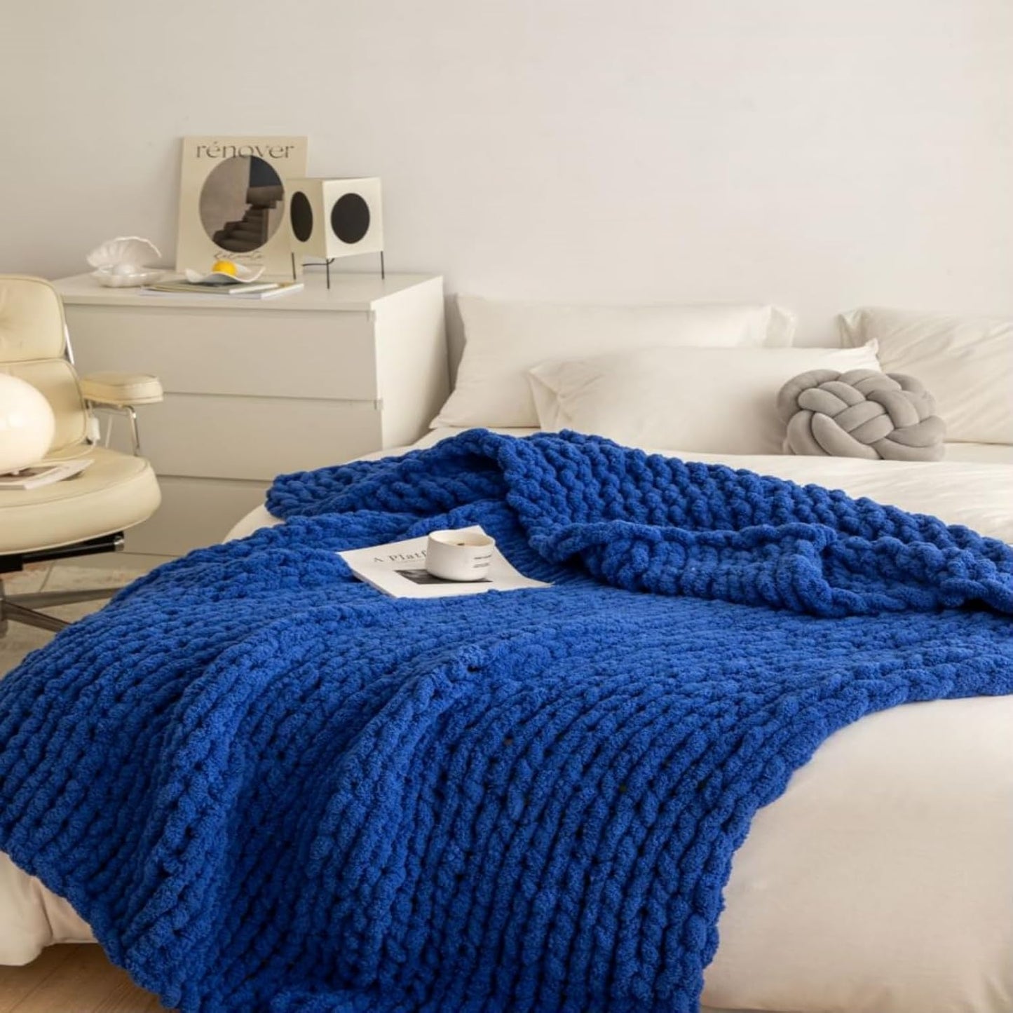 Chunky Knit Blanket Throw 40"x40", Chenille Throw Blankets, Handmade Warm & Cozy Blanket Couch Bed