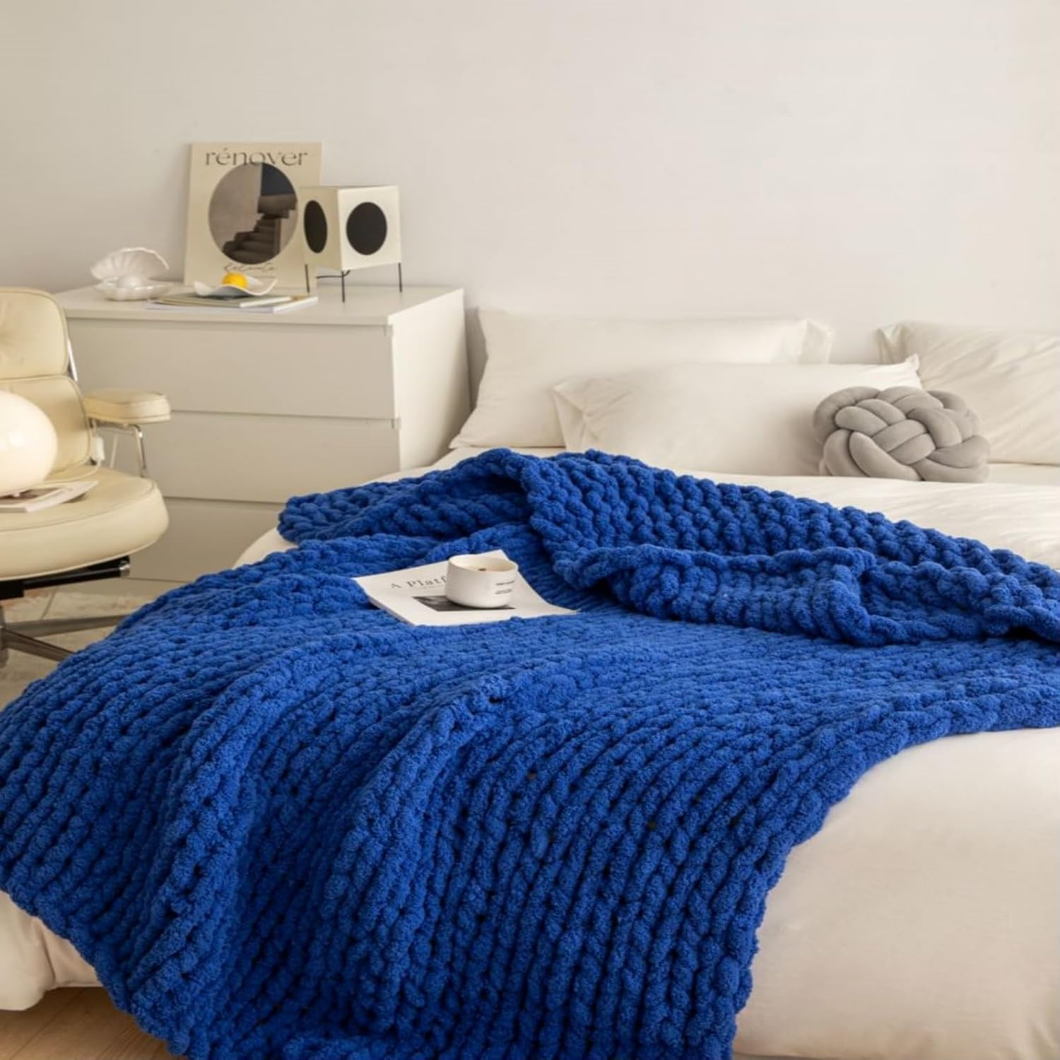 Chunky Knit Blanket Throw 40"x40", Chenille Throw Blankets, Handmade Warm & Cozy Blanket Couch Bed