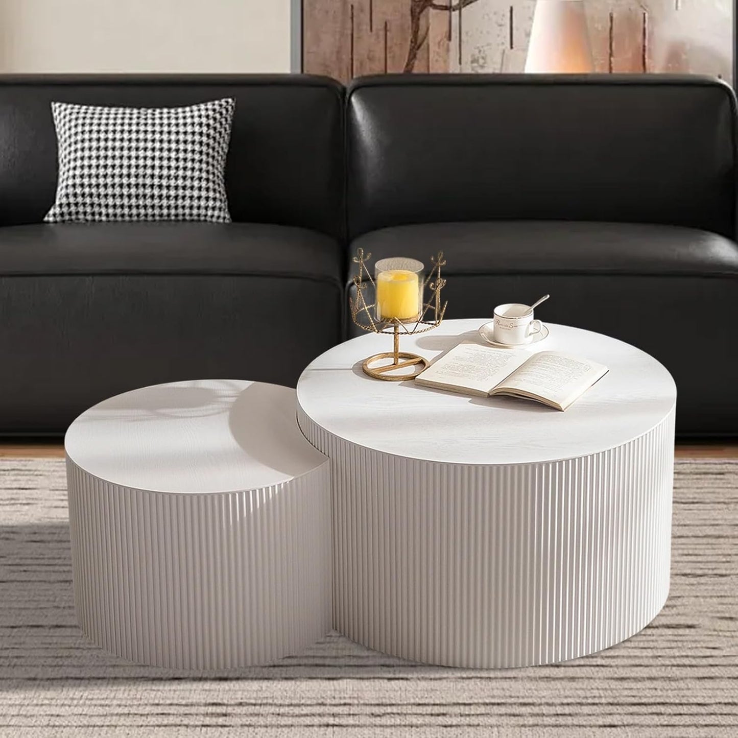 Nesting Coffee Table Set of 2 Modern Handcraft Fluted Coffee and End Table Sets Wooden Drum Small