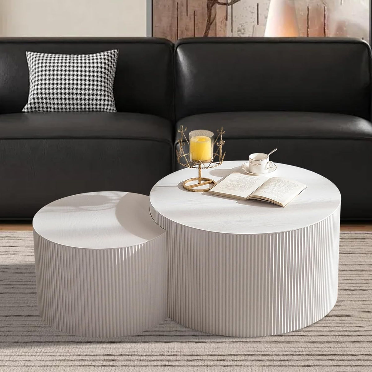 Nesting Coffee Table Set of 2 Modern Handcraft Fluted Coffee and End Table Sets Wooden Drum Small
