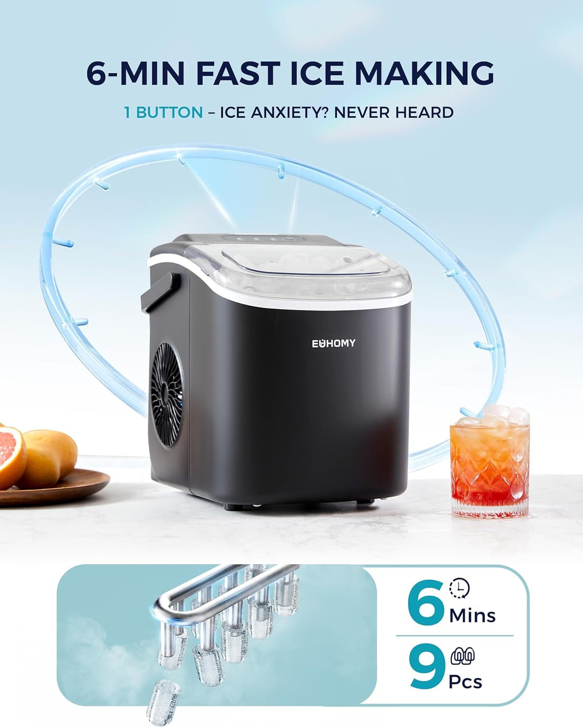 EUHOMY Countertop Ice Maker Machine with Handle, 26lbs in 24Hrs, 9 Ice Cubes Ready in 6 Mins
