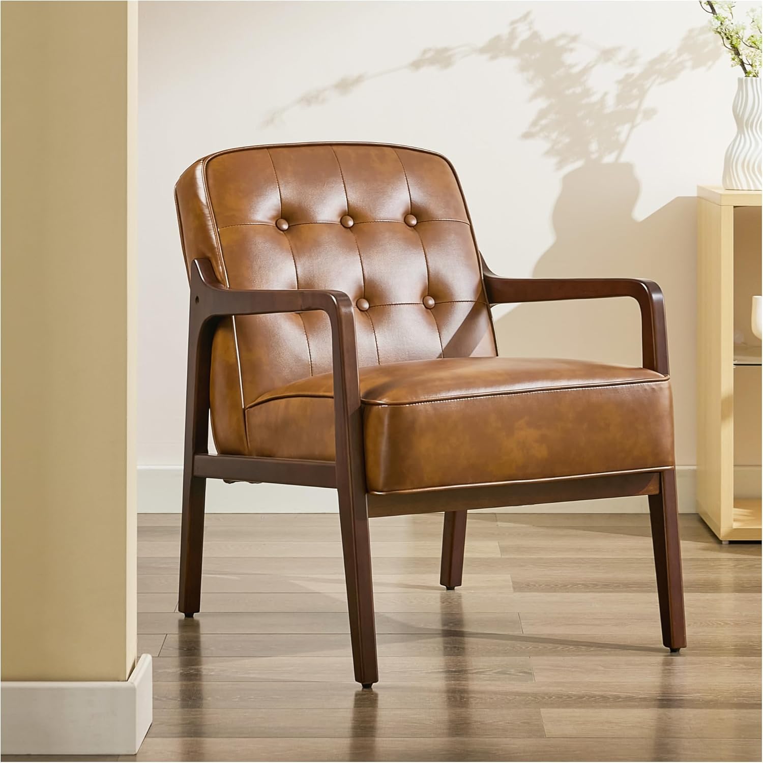 Faux Leather Accent Chair, Mid Century Modern Chair for Living Room, Upholstered Comfy Lounge