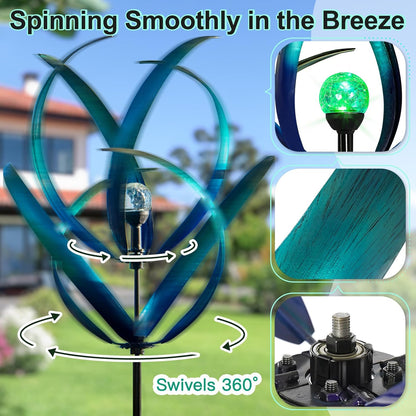 Outdoor Wind Spinners with Solar Light, 82'' Metal Large Spinner Yard Art, Peacock Blue Wind