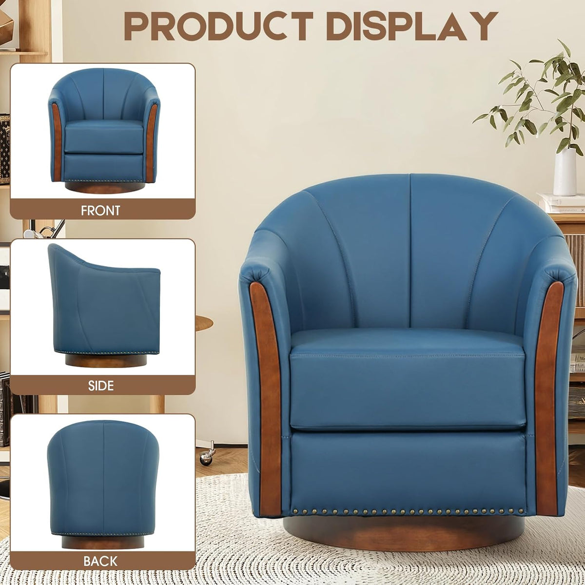 360° Swivel Accent Chair, Modern Leather Barrel Club Chair with Leather Upholstery and Sturdy Wood