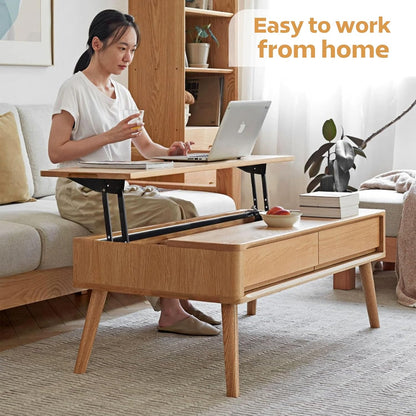 100% Solid Wood Lift Top Coffee Table for Living Room, Mid Century Modern Tables with Drawers and
