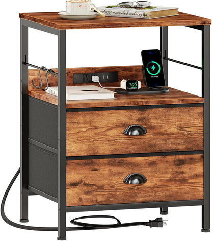 Furologee Night Stand with Charging Station, Bedside Table with Fabric Drawers, End Table with USB