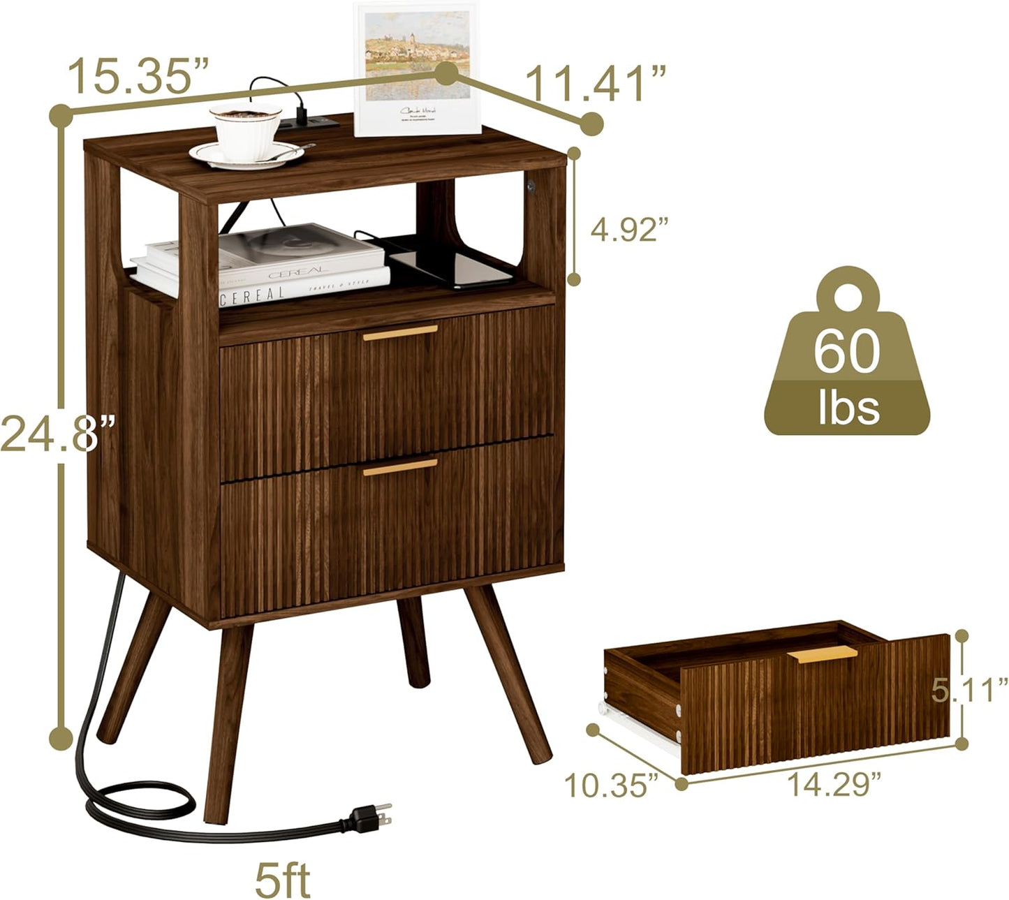 Nightstand with Charging Station and LED Lights,Modern Bedside Table with 2 Storage Drawer and Open
