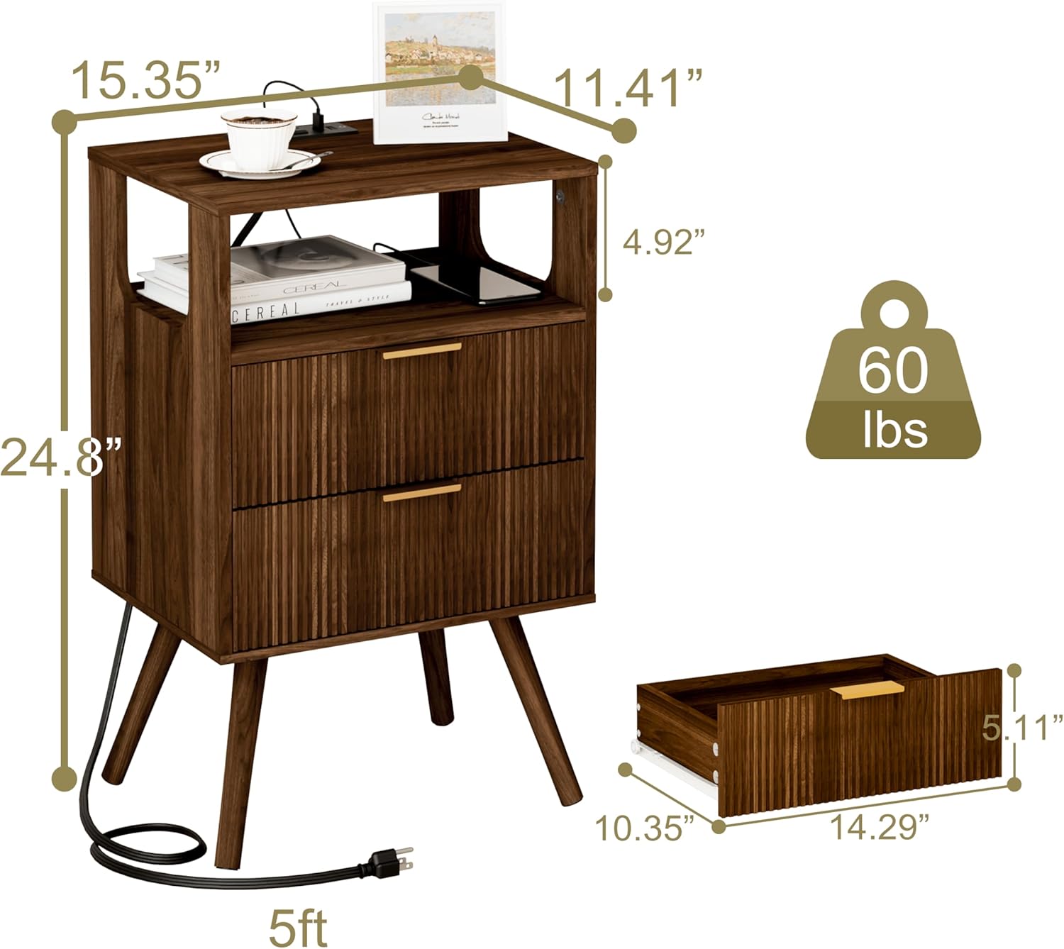 Nightstand with Charging Station and LED Lights,Modern Bedside Table with 2 Storage Drawer and Open