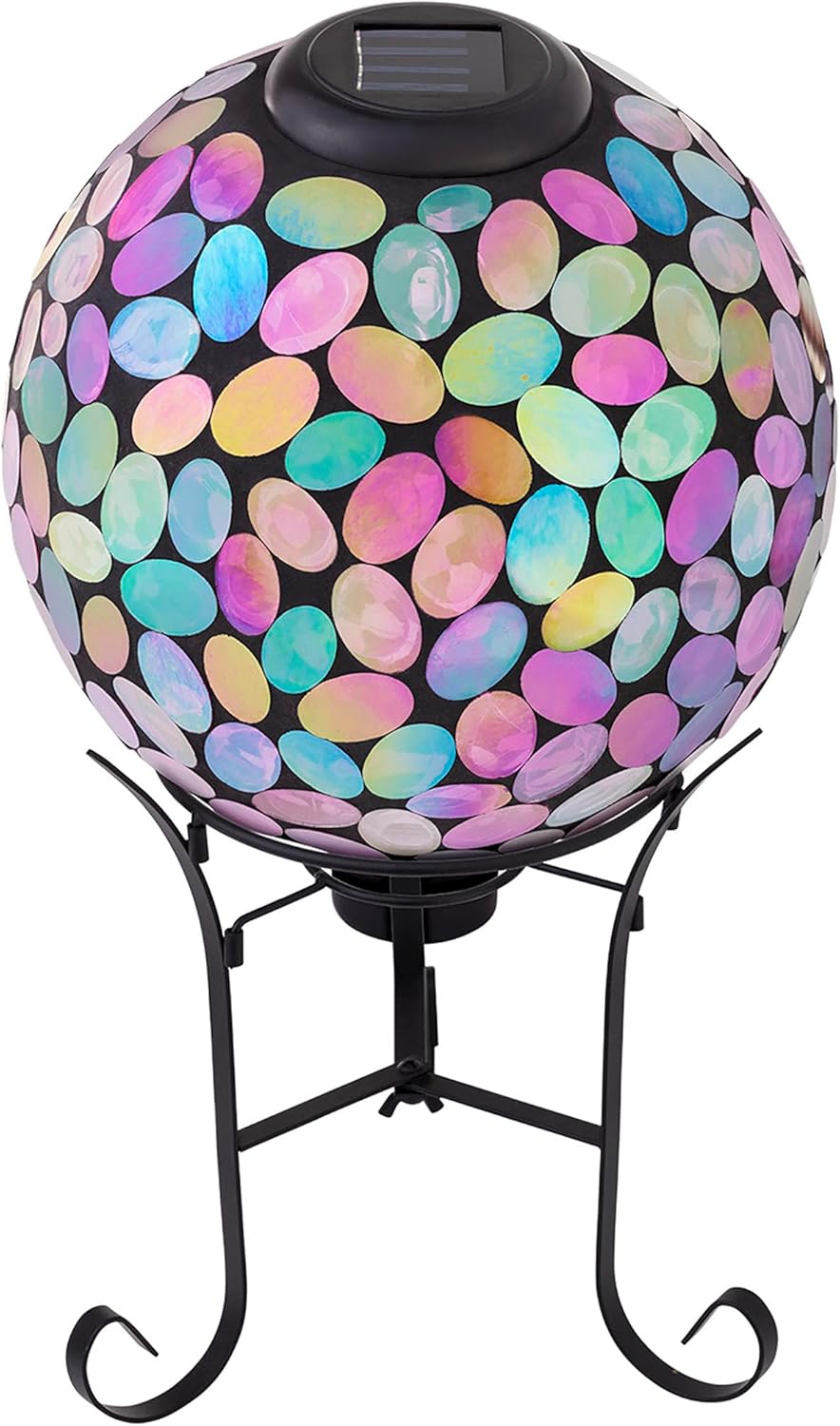 Alpine Corporation Outdoor Solar Powered Pink Glass Mosaic Gazing Globe with LED Lights and Metal