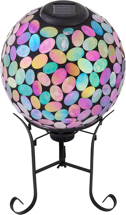 Alpine Corporation Outdoor Solar Powered Pink Glass Mosaic Gazing Globe with LED Lights and Metal