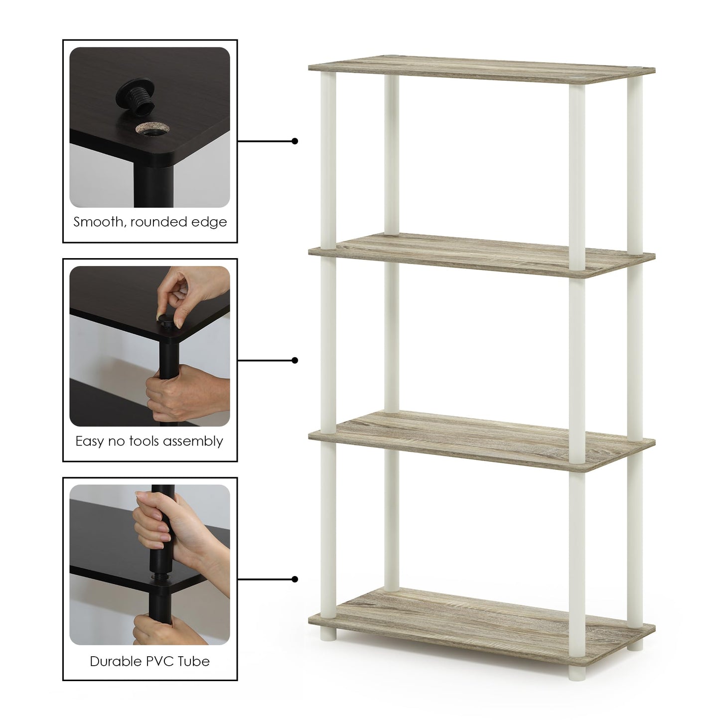 Furinno Turn-N-Tube Storage Shelves, 4-Tier Book Shelf, Corner Shelf, Toolless Open Shelves, for