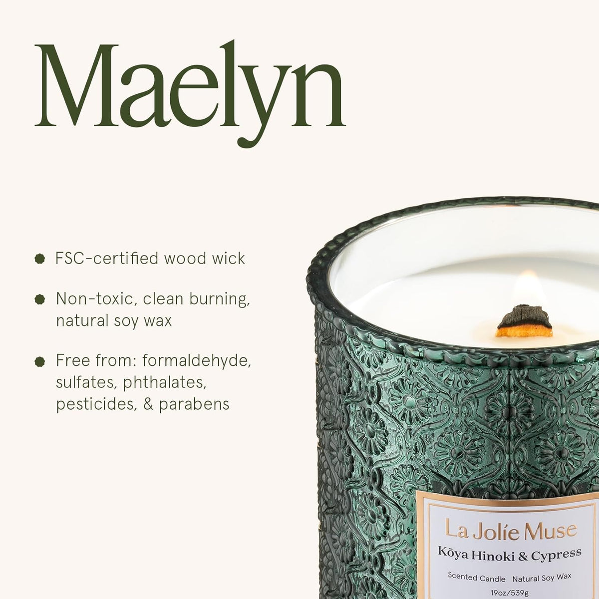 LA JOLIE MUSE Kōya Hinoki & Cypress Scented Candle – Pine, Leather & Hinoki | 19 oz Festive