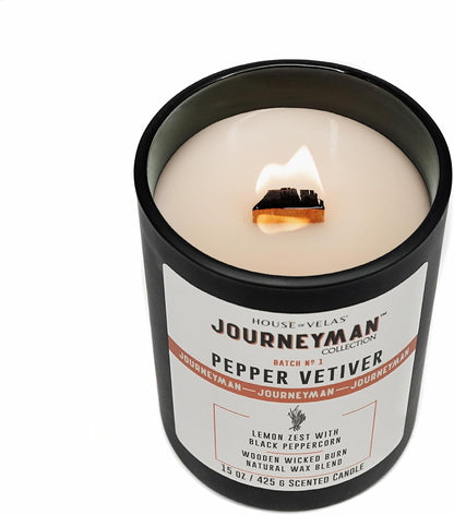 Journeyman Collection Candle, 15oz, Wooden Wick, Pepper Vetiver, Large Painted Jar