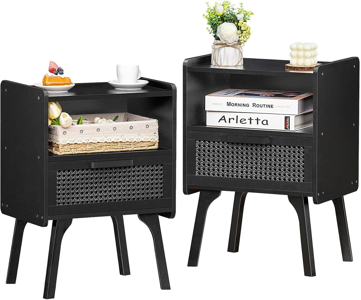 Lerliuo Rattan Nightstands Set of 2, Boho Side Table with Drawer Open Shelf, Cane Accent Bedside