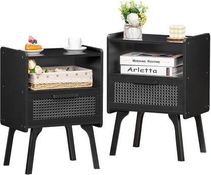 Lerliuo Rattan Nightstands Set of 2, Boho Side Table with Drawer Open Shelf, Cane Accent Bedside