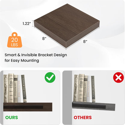 Square Floating Shelves for Wall, 8" W x 8" D x 1.2" H, Small Wooden Wall Mounted Display Shelves
