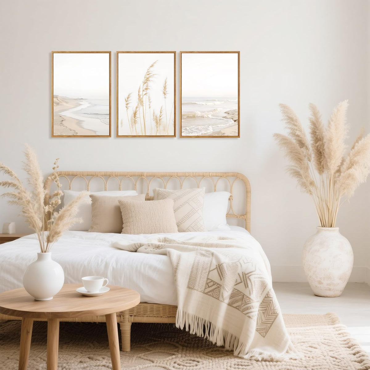 HPNIUB Modern Beach Artwork Seascape Wall Art, Seaside Framed Painting Reed Pathway Picture