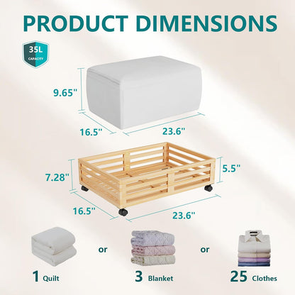 Bamboo Under Bed Storage Containers- Underbed Organizer with Wheels with Large Dust Bag,Sturdy Wood