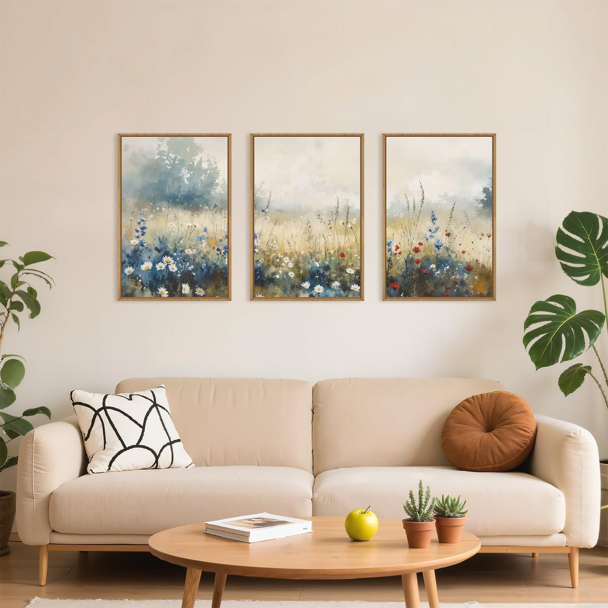 Nature Wildflower Framed Canvas Wall Art Set, Pastoral Landscape Wall Decor, Colorful Meadow Wall