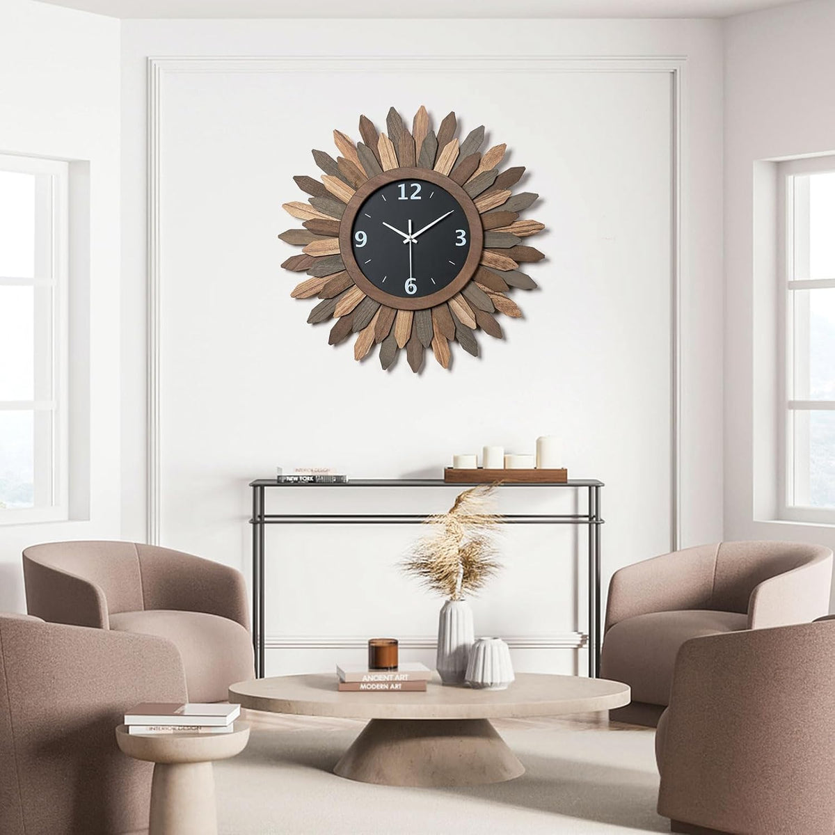 Honiway Large Wall Clock Battery Operated 21 in Rustic Wood Boho Sunburst Decorative Wall Clock