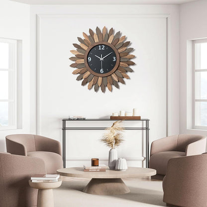 Honiway Large Wall Clock Battery Operated 21 in Rustic Wood Boho Sunburst Decorative Wall Clock
