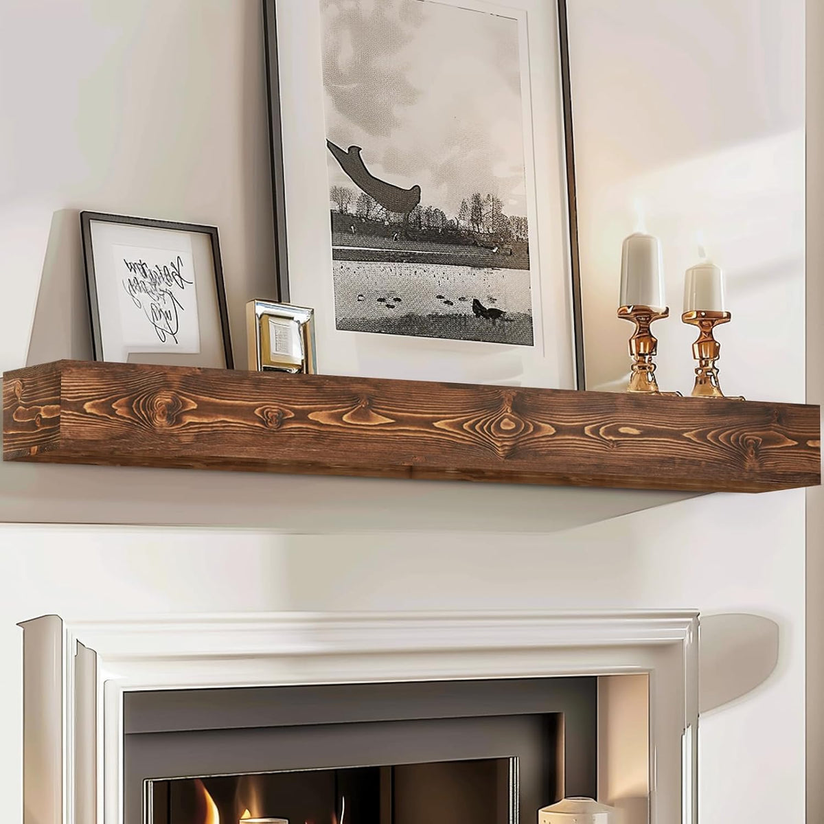 72x8x5 Fireplace Mantel - Handcrafted Hollow Rustic Solid Wood Wall Mounted Floating Shelf with