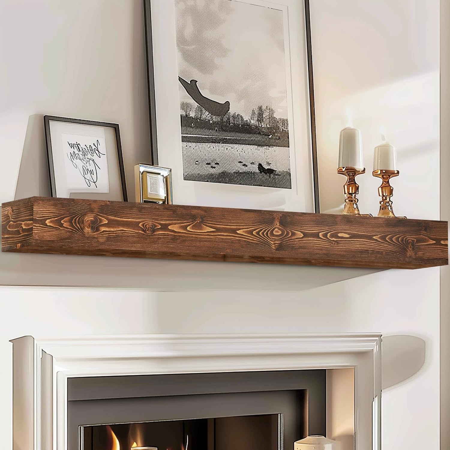 72x8x5 Fireplace Mantel - Handcrafted Hollow Rustic Solid Wood Wall Mounted Floating Shelf with