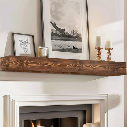 72x8x5 Fireplace Mantel - Handcrafted Hollow Rustic Solid Wood Wall Mounted Floating Shelf with