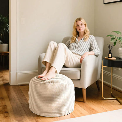 Round Stuffed Pouf Ottoman, Foot Stools Ottoman,Corduroy Poufs with Foam Chunk Filling, Furry and