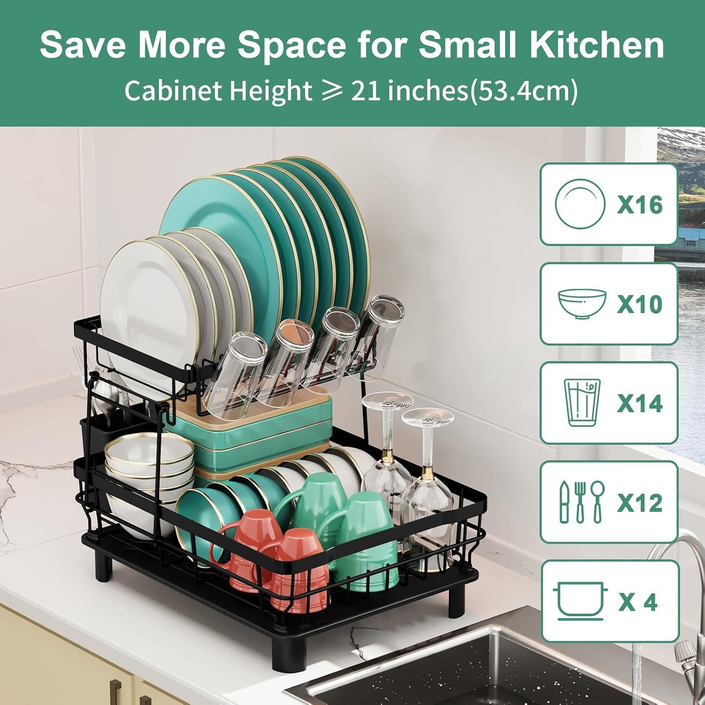 MOUKABAL Dish Drying Rack, 2 Tier Dish Rack, Large Dish Racks for Kitchen Counter, Dish Drainer