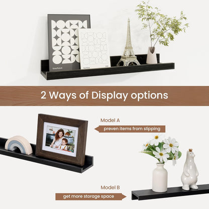 Picture Ledge Shelf, Solid Pine Wood Floating Shelves Set of 4, 16 Inches Nursery Book Shelves for