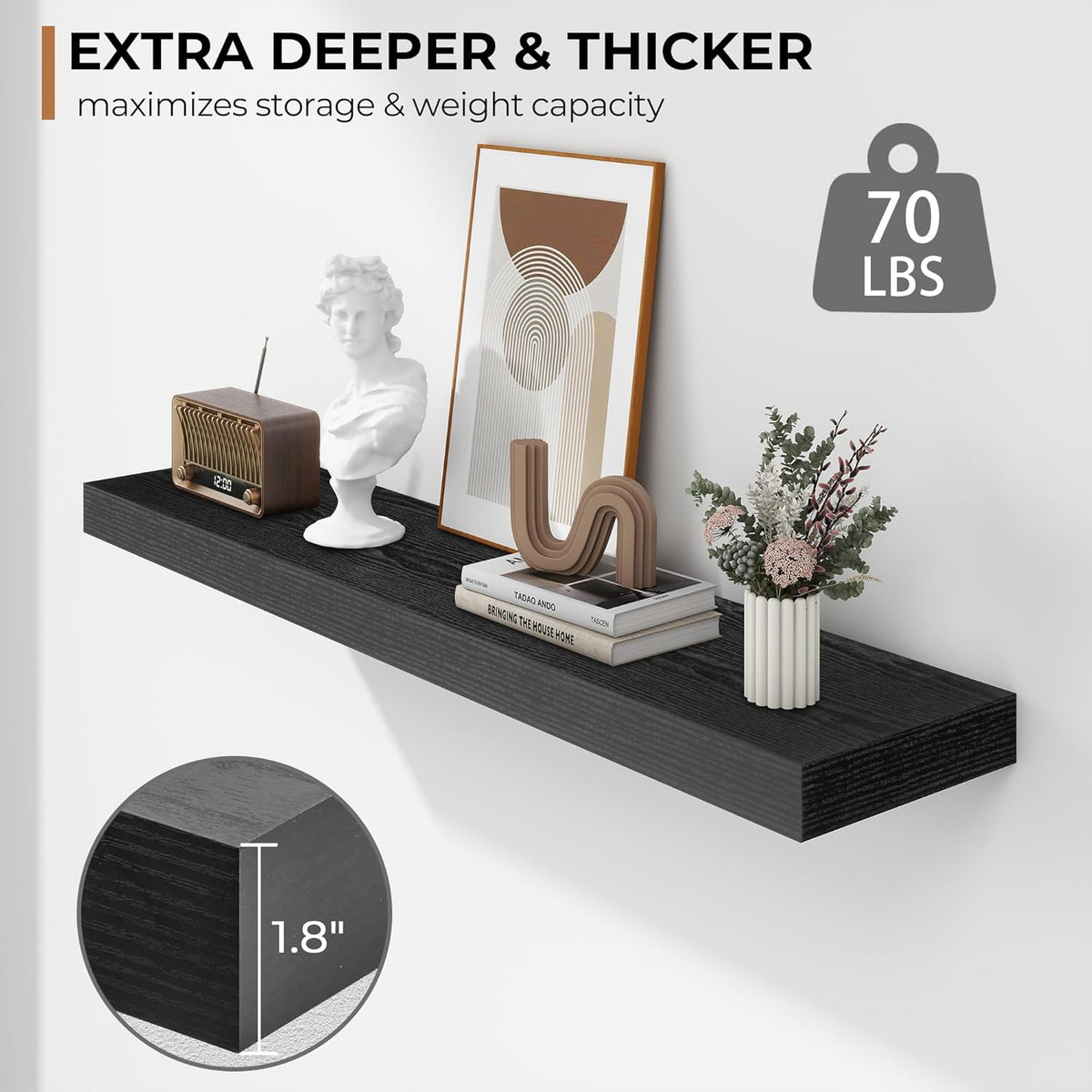 Fun Memories 36 Inch Floating Shelves - Deep Rustic Black Wooden Wall Shelves - Extra Deeper &