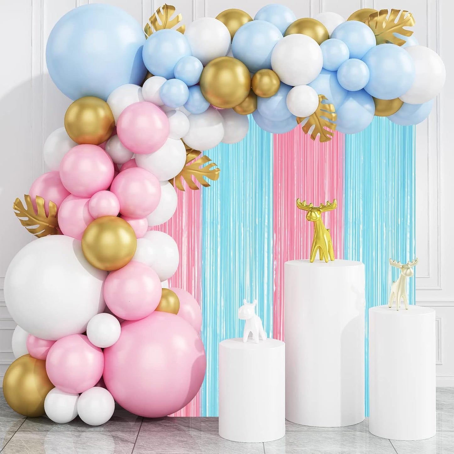 3 Pack 3.3 x 8.2 ft Pastel Blue and Pink Foil Fringe Backdrop Curtains, Tinsel Streamers Party