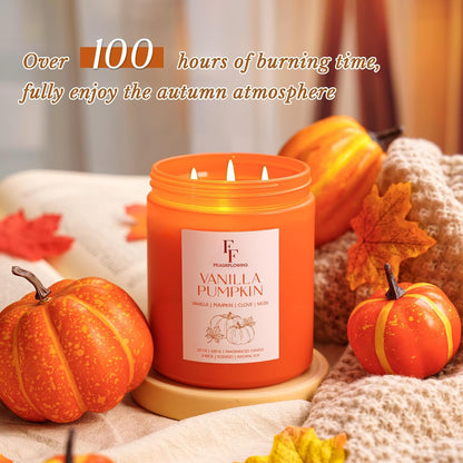 Large Fall Candle Vanilla Pumpkin Scented, 3-Wick 22oz Long Lasting Scented Candle, Natural Soy Wax