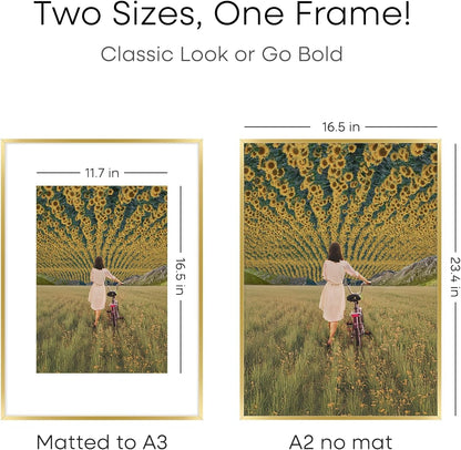 Homeforia A2 Picture Frame Gold, High End Metal 16.5 x 23.5 inches Poster Frames with Mat 11.7 x