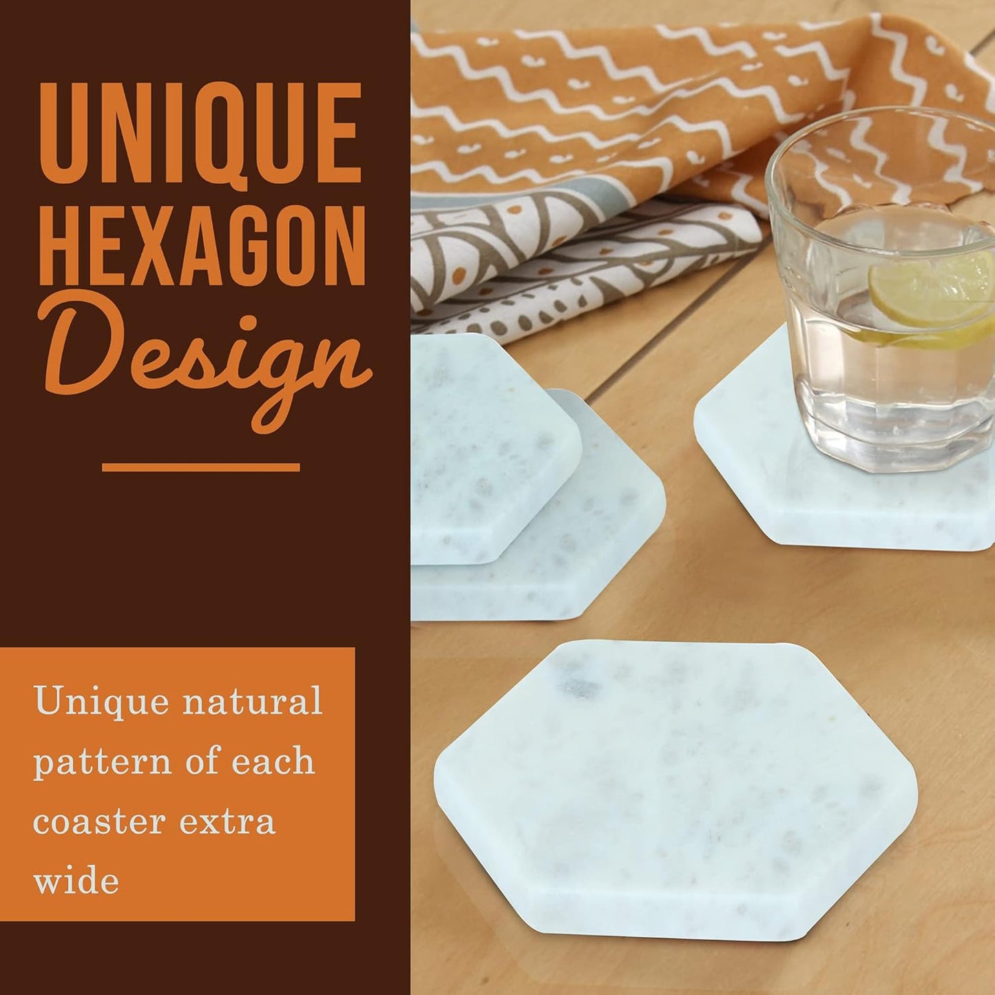 Set of 6 Hexagon Marble Coasters | White Decor for Modern Homes | Drink Coasters for Coffee Table