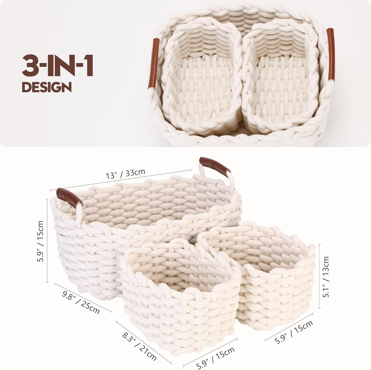 Sea Team 3-Pack Rectangle Woven Cotton Rope Storage Baskets with Handles, Shelf Basket, Closet