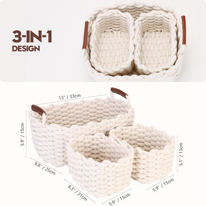 Sea Team 3-Pack Rectangle Woven Cotton Rope Storage Baskets with Handles, Shelf Basket, Closet