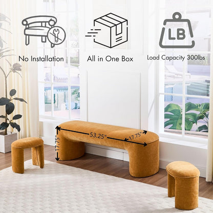 3-Piece 53" Comfy Upholstered Dining Bench with 2 Ottomans, Accent Waterfall Bench Modern End of