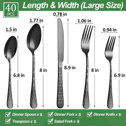 40 Pcs Black Silverware Set for 8 with Water Cube Handle design, Food Grade Stainless Steel