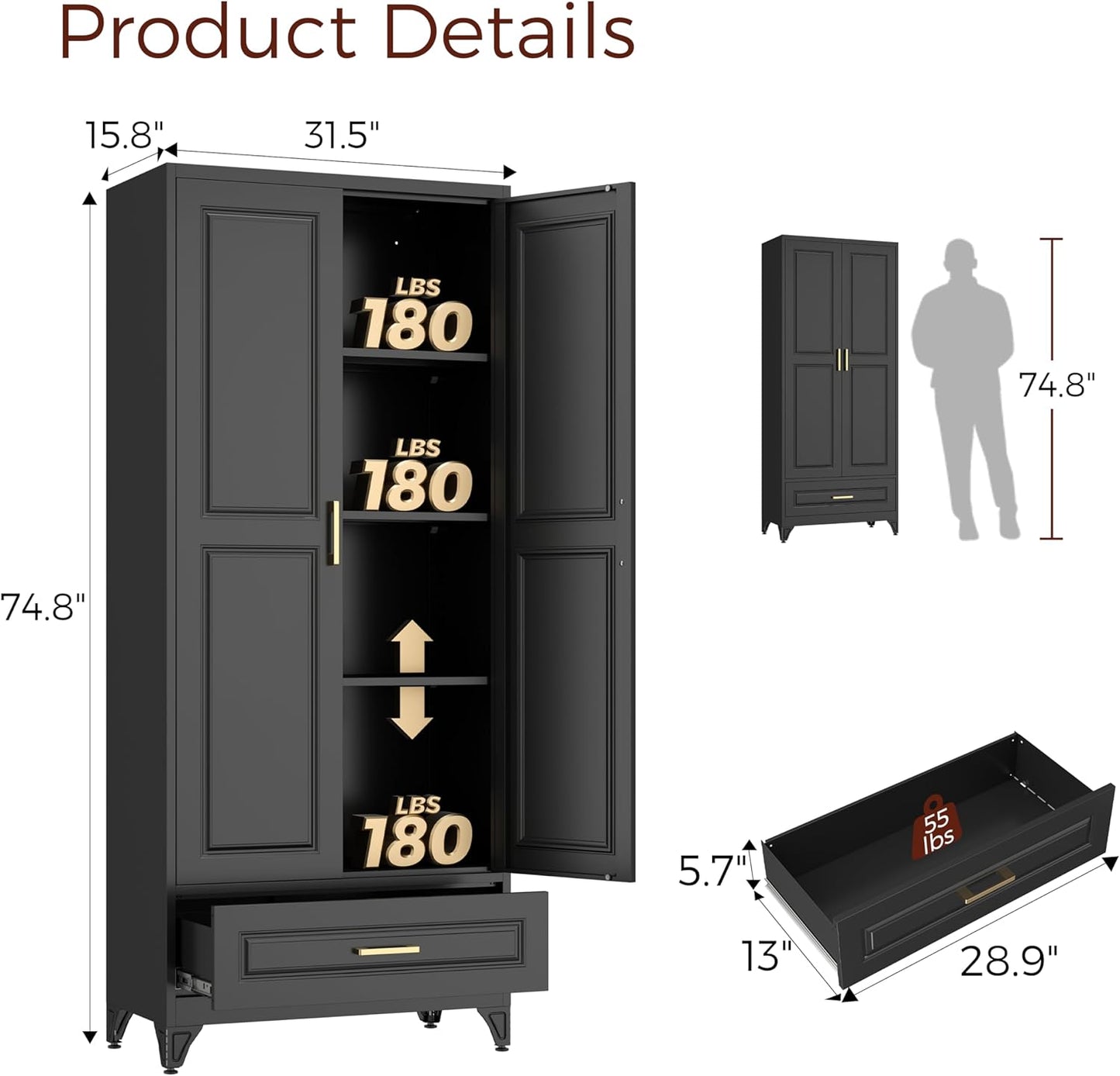 75" Kitchen Pantry Cabinet with Drawer, Metal Storage Cabinets with Doors and Adjustable Shelves