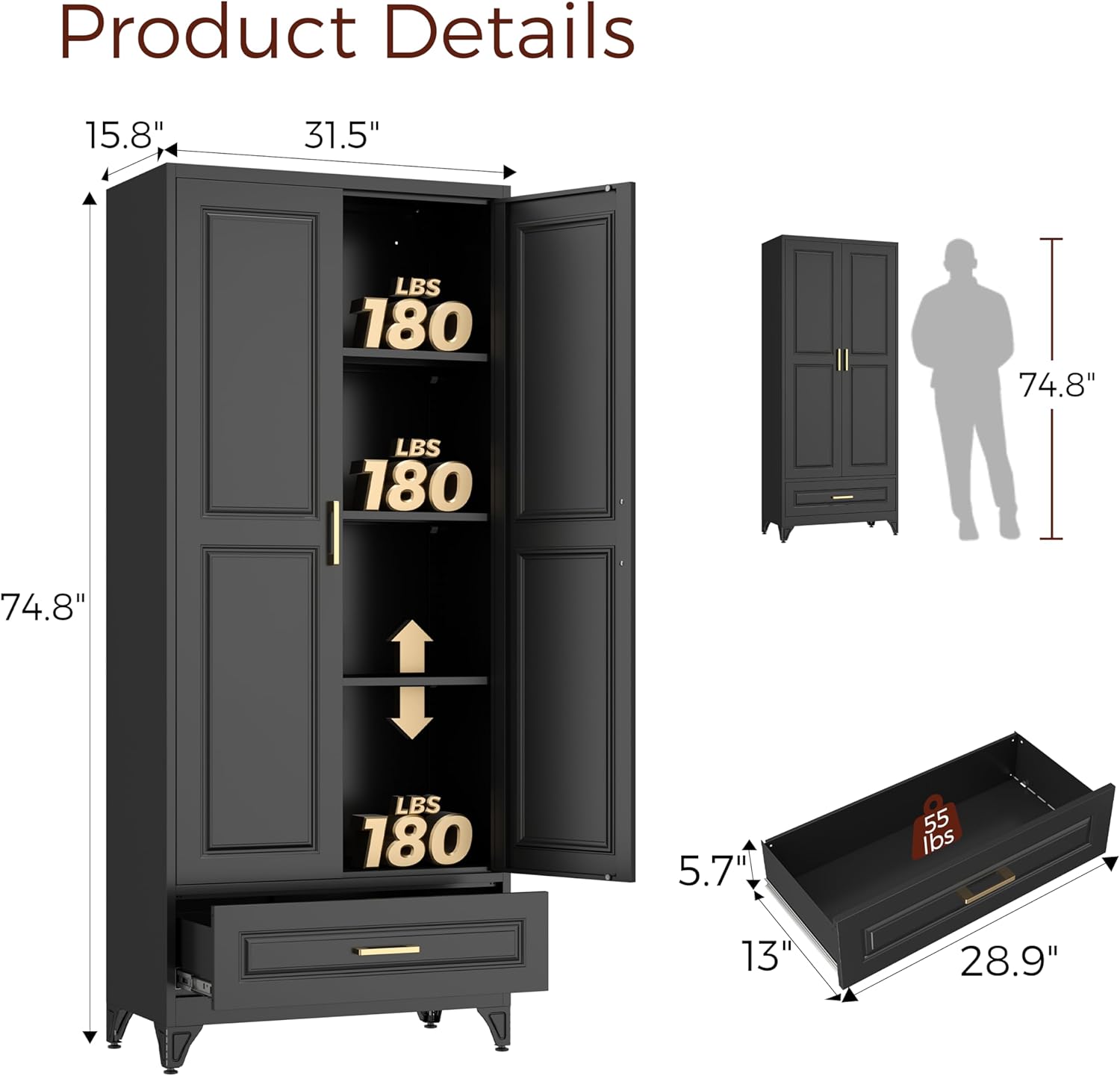 75" Kitchen Pantry Cabinet with Drawer, Metal Storage Cabinets with Doors and Adjustable Shelves
